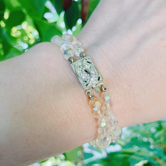 VTG Mid Century AB Crystal Double Strand Bracelet with Filigree Clasp 1950s - Picture 5 of 12